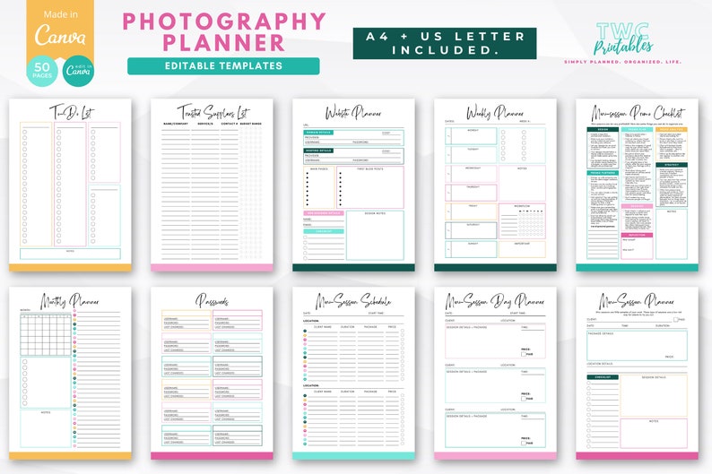 Streamline your photography business with the Photography Planner Canva templates! Featuring photography checklists, workflow charts, client sheets, and more. The comprehensive photographer planner is perfect for any photography business.