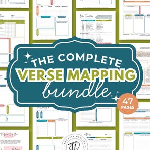 May include: A collection of printable Bible study pages. The cover features a teal and white design with the text "THE COMPLETE VERSE MAPPING bundle" and "47 PAGES". The pages include templates for verse mapping, Bible study, and note-taking.