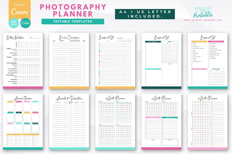 Streamline your photography business with the Photography Planner Canva templates! Featuring photography checklists, workflow charts, client sheets, and more. The comprehensive photographer planner is perfect for any photography business.