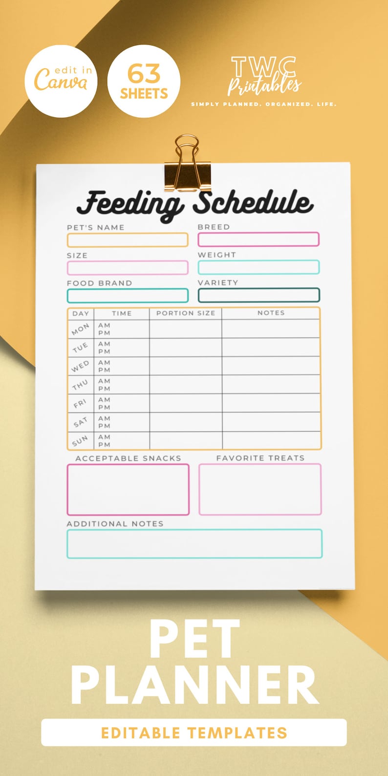 The editable pet planner templates for Canva will help you to create your own pet planner printable, or various pages for your pet organizer! Make your own pet care planner or puppy planner with this Canva kit! Also great as pet owner gifts.