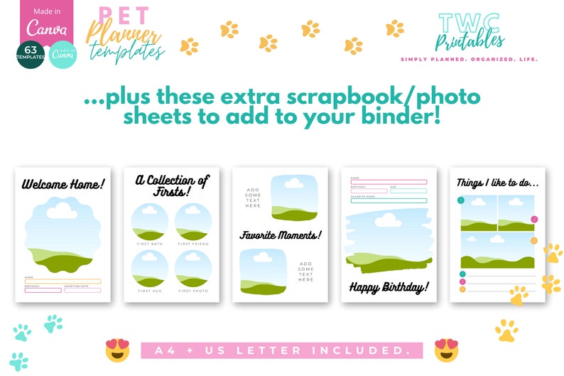 The editable pet planner templates for Canva will help you to create your own pet planner printable, or various pages for your pet organizer! Make your own pet care planner or puppy planner with this Canva kit! Also great as pet owner gifts.