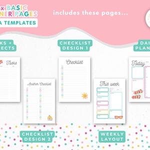 Op de afbeelding: Een verzameling van 10 basis planner pagina's, Canva templates, met een roze en witte achtergrond. De pagina's bevatten taken, checklists en een dagplanner. De afbeelding bevat de tekst "10x BASIC PLANNER PAGES CANVA TEMPLATES".
