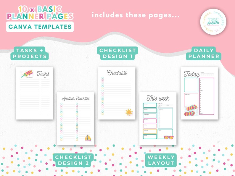 Op de afbeelding: Een verzameling van 10 basis planner pagina's, Canva templates, met een roze en witte achtergrond. De pagina's bevatten taken, checklists en een dagplanner. De afbeelding bevat de tekst "10x BASIC PLANNER PAGES CANVA TEMPLATES".