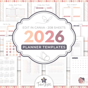 May include: A collection of 2026 planner templates with a soft color palette. The central design features the text "Edit in Canva - 208 Sheets" and "2026 Planner Templates" in a gradient color scheme. Various planner pages are visible in the background.