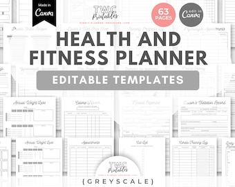 Pode incluir: Um planejador de saúde e fitness em tons de cinza com modelos editáveis. O planejador inclui páginas para informações médicas, acompanhamento de perda de peso e horários diários. O texto "Health and Fitness Planner" é exibido de forma proeminente.
