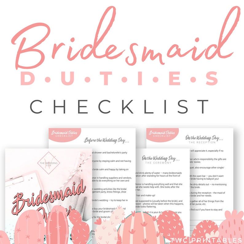 Bridesmaid Duties Checklist, Bridesmaid Printable, Bridesmaid Planner Bridesmaid Duties Checklist, Bridesmaid Printable, Bridesmaid Planner