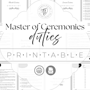 Puede incluir: Lista de verificación de boda imprimible en blanco y negro con el texto "Master of Ceremonies duties". La imagen incluye listas de verificación, un icono de impresora y un icono PDF. También se ve el texto "P R I N T A B L E".