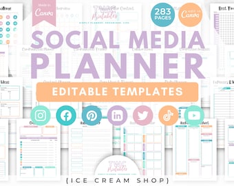 Social Media Planner Templates for Canva | 283 Pages | Social Media Calendar, Content Planner, Digital Marketing, Canva //ICE CREAM SHOP
