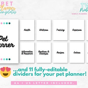 The editable pet planner templates for Canva will help you to create your own pet planner printable, or various pages for your pet organizer! Make your own pet care planner or puppy planner with this Canva kit! Also great as pet owner gifts.