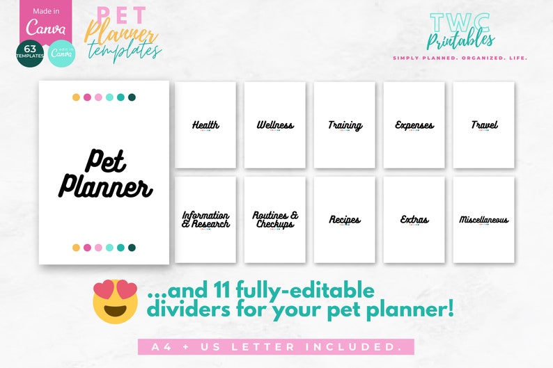 The editable pet planner templates for Canva will help you to create your own pet planner printable, or various pages for your pet organizer! Make your own pet care planner or puppy planner with this Canva kit! Also great as pet owner gifts.