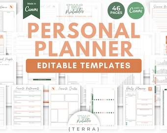 Personal Planner Canva Templates | 46 Pages | Daily organization, Weekly overview, Inspirational quotes, Reading list, Watching list //TERRA