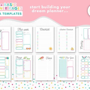 Op de afbeelding: Een verzameling van tien basis planner pagina's met Canva sjablonen. Elke pagina heeft een andere lay-out, inclusief dagelijkse, wekelijkse en maandelijkse weergaven, met kleurrijke accenten en zomerse illustraties. Tekst bevat "Vandaag", "Deze week", "Checklist" en "Taken".