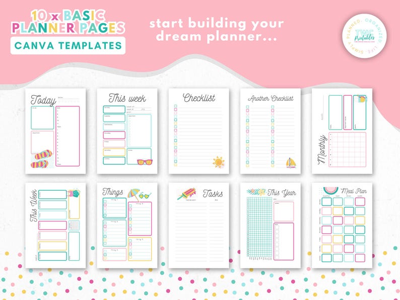 Op de afbeelding: Een verzameling van tien basis planner pagina's met Canva sjablonen. Elke pagina heeft een andere lay-out, inclusief dagelijkse, wekelijkse en maandelijkse weergaven, met kleurrijke accenten en zomerse illustraties. Tekst bevat "Vandaag", "Deze week", "Checklist" en "Taken".
