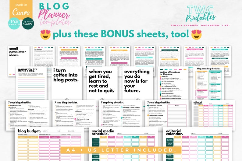 These Blog Planner Canva Templates will help you manage your blog like a pro! Use these Blogging Planner Templates to create a Blog Content Calendar. Learn Blogging How To by using this planner along with other blogging research.