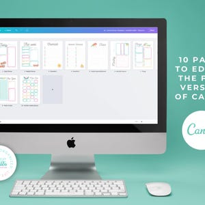 Op de afbeelding: Een computerscherm toont een digitale planner met sjablonen voor dagelijkse, wekelijkse en maandelijkse planning. De tekst op het scherm luidt: "10 pagina's om te bewerken in de gratis versie van Canva."