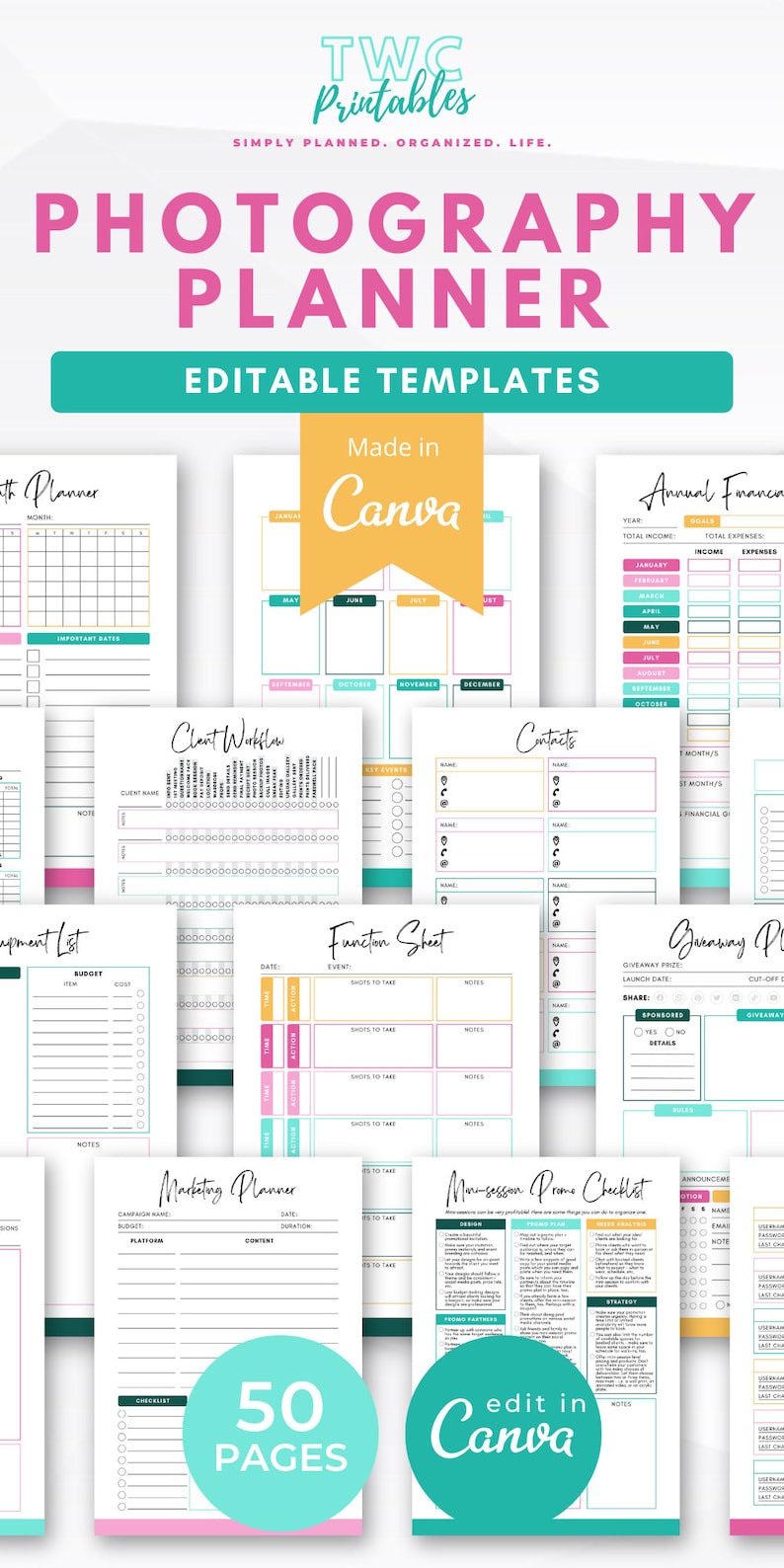 Streamline your photography business with the Photography Planner Canva templates! Featuring photography checklists, workflow charts, client sheets, and more. The comprehensive photographer planner is perfect for any photography business.