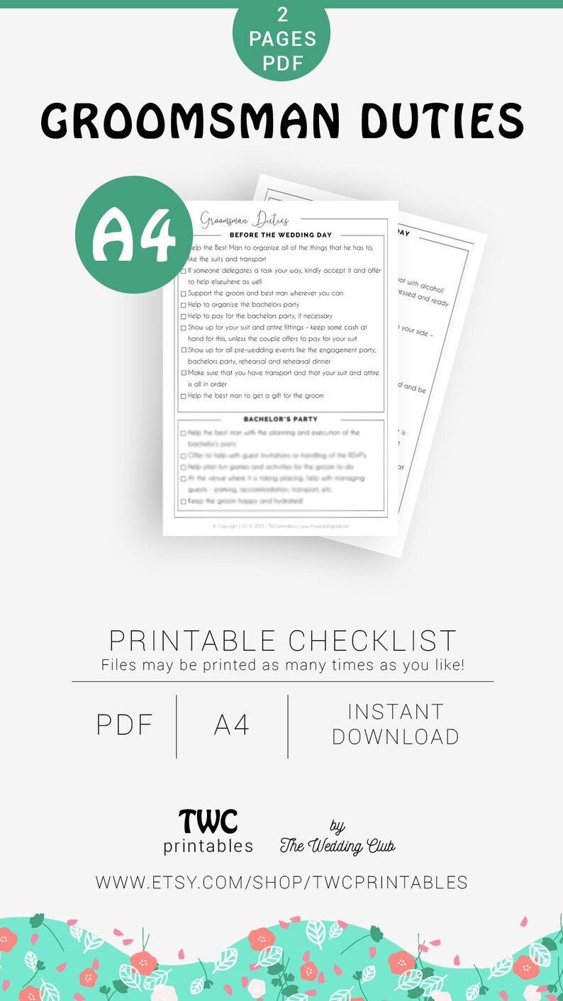 Groomsmen duties checklist printable groomsman list of | Etsy
