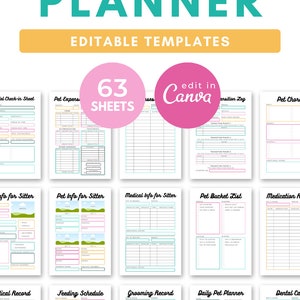 The editable pet planner templates for Canva will help you to create your own pet planner printable, or various pages for your pet organizer! Make your own pet care planner or puppy planner with this Canva kit! Also great as pet owner gifts.