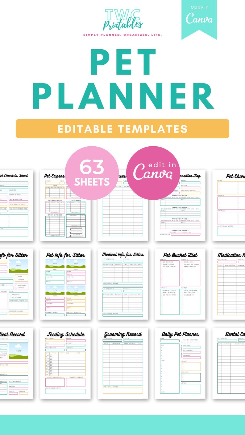 The editable pet planner templates for Canva will help you to create your own pet planner printable, or various pages for your pet organizer! Make your own pet care planner or puppy planner with this Canva kit! Also great as pet owner gifts.