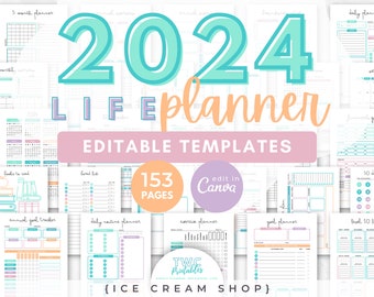 2024 Planner Canva Templates | 153 Pages | Custom Planner, Printable Agenda, Digital Journal, Yearly Schedule, Productivity //ICE CREAM SHOP