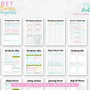 The editable pet planner templates for Canva will help you to create your own pet planner printable, or various pages for your pet organizer! Make your own pet care planner or puppy planner with this Canva kit! Also great as pet owner gifts.