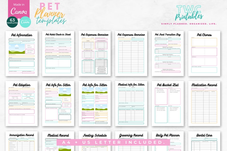 The editable pet planner templates for Canva will help you to create your own pet planner printable, or various pages for your pet organizer! Make your own pet care planner or puppy planner with this Canva kit! Also great as pet owner gifts.