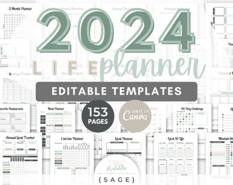 2024 Planner Canva Templates | 153 Pages | 2024 Monthly Calendar Template, Blank Calendar, 2024 Life Planner, Budget, Canva Planner //SAGE