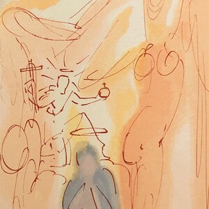 May include: An abstract artwork with a religious theme. The image features a sketch-like style with red-brown lines on a peach and yellow background. Figures include angels, a person with a halo, and a person in a hat. A cross and a crown are also depicted.