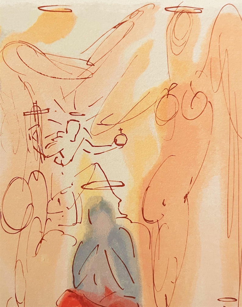 May include: An abstract artwork with a religious theme. The image features a sketch-like style with red-brown lines on a peach and yellow background. Figures include angels, a person with a halo, and a person in a hat. A cross and a crown are also depicted.