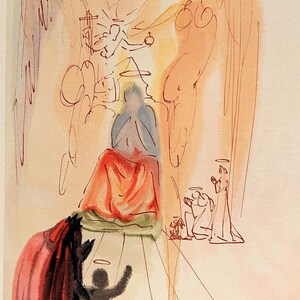 May include: An abstract artwork featuring a seated figure draped in red, with a halo. Two angels are sketched above, and figures kneel below. The artwork uses a warm color palette of orange, red, and beige, with fine line details.