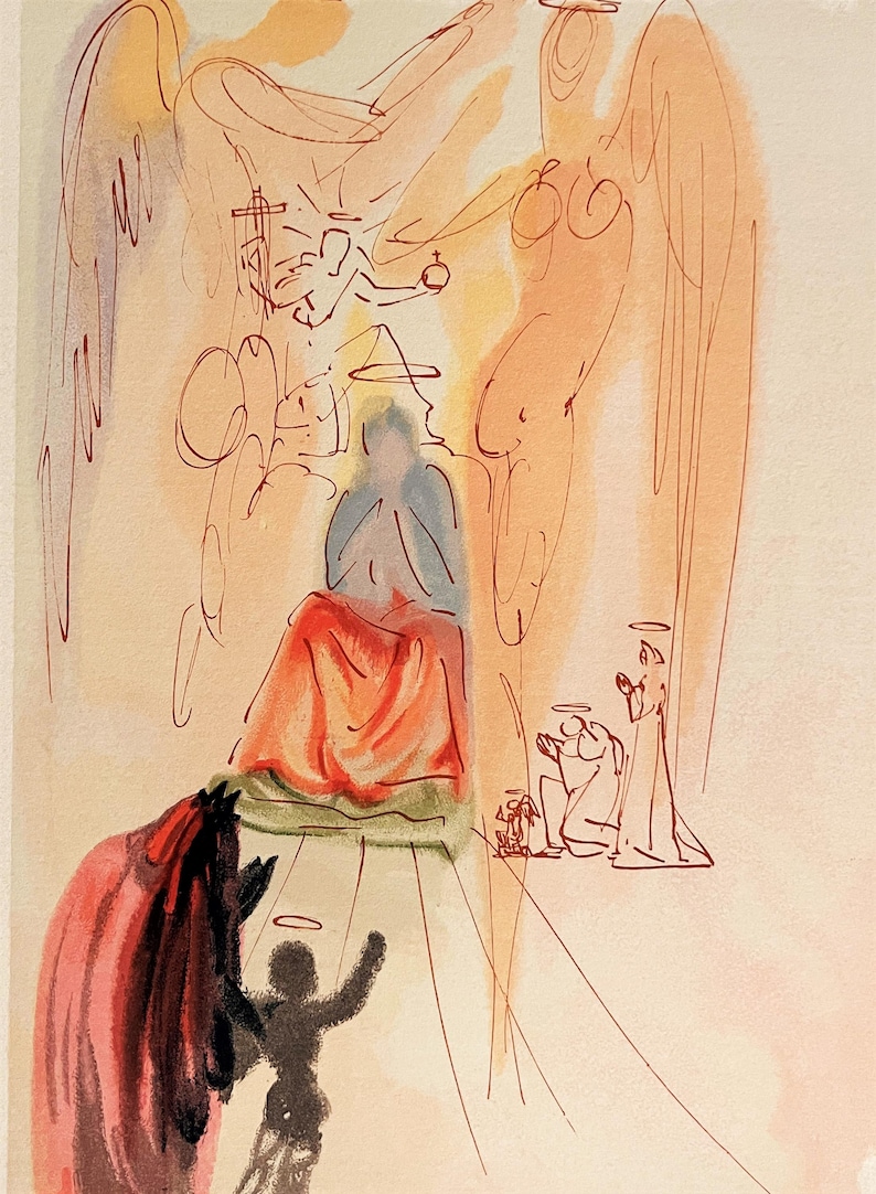 May include: An abstract artwork featuring a seated figure draped in red, with a halo. Two angels are sketched above, and figures kneel below. The artwork uses a warm color palette of orange, red, and beige, with fine line details.