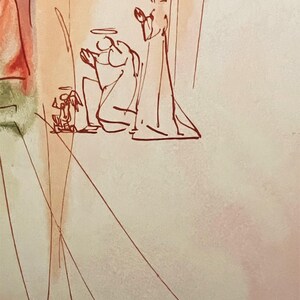 May include: An abstract illustration with a warm color palette. The artwork features sketched figures with halos, suggesting a religious theme. The figures are outlined in a reddish-brown hue against a soft, textured background with diagonal lines.