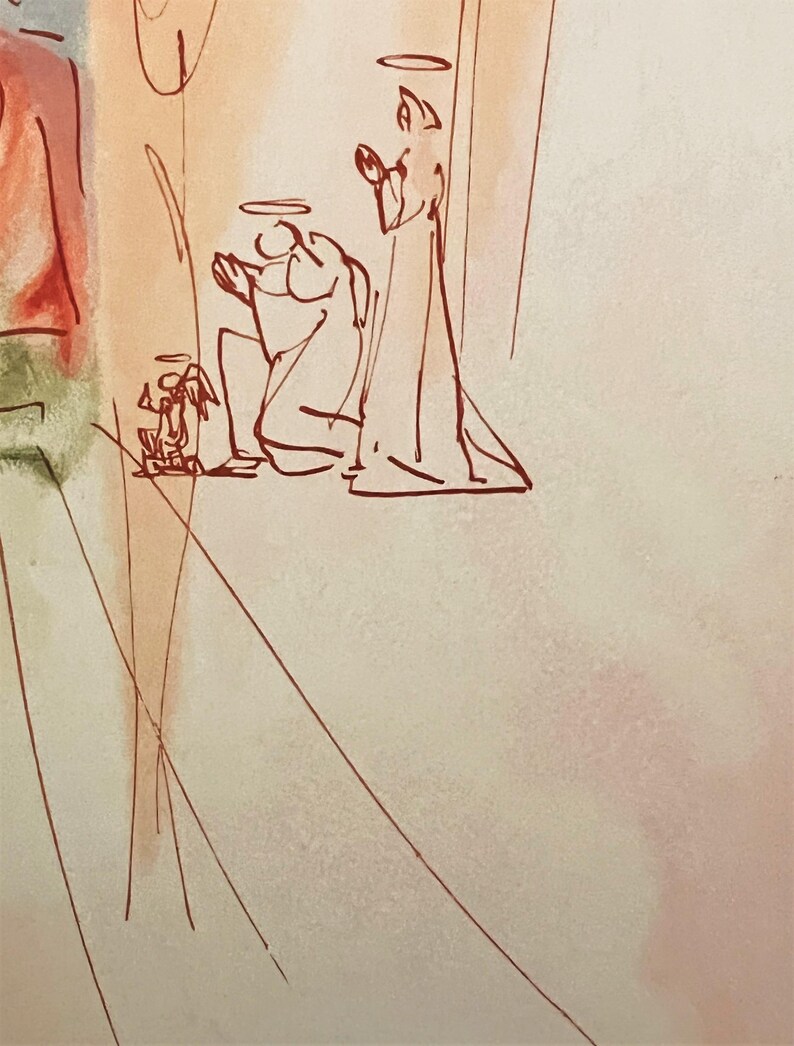 May include: An abstract illustration with a warm color palette. The artwork features sketched figures with halos, suggesting a religious theme. The figures are outlined in a reddish-brown hue against a soft, textured background with diagonal lines.