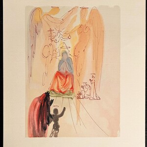 May include: A surrealist print featuring a seated figure in blue and red, surrounded by sketched angels with halos. The artwork has a soft, warm color palette with hints of orange, pink, and brown. A dark figure with outstretched arms is in the foreground.