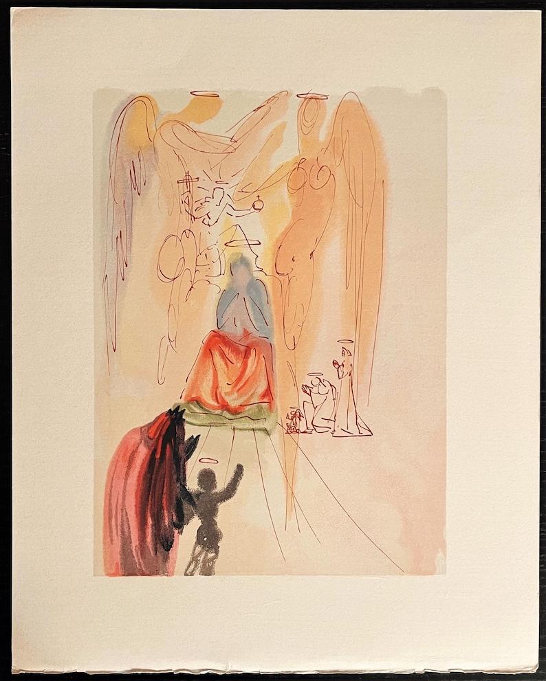 May include: A surrealist print featuring a seated figure in blue and red, surrounded by sketched angels with halos. The artwork has a soft, warm color palette with hints of orange, pink, and brown. A dark figure with outstretched arms is in the foreground.
