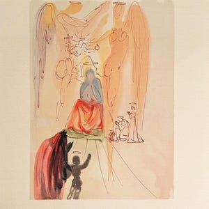 May include: An abstract watercolor print featuring figures with halos and wings. The artwork depicts a central figure in red and blue, surrounded by other figures in a light-colored setting. The style is reminiscent of religious art.