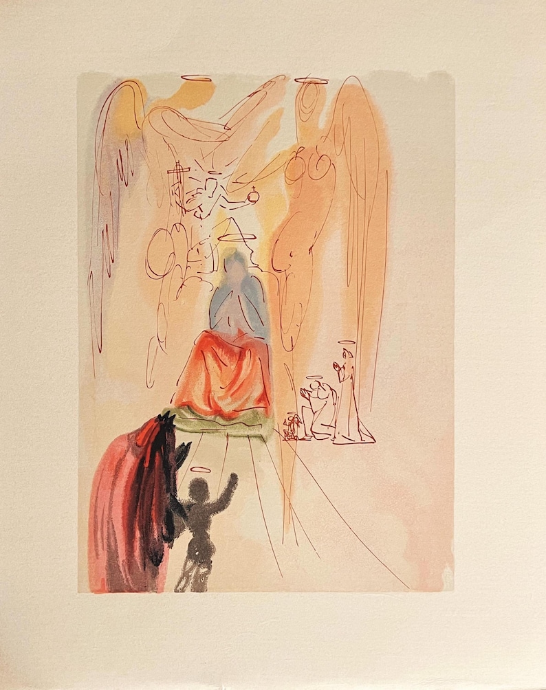 May include: An abstract watercolor print featuring figures with halos and wings. The artwork depicts a central figure in red and blue, surrounded by other figures in a light-colored setting. The style is reminiscent of religious art.