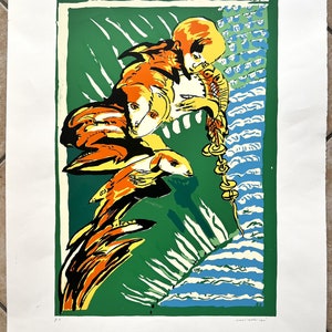 May include: A colourful abstract print with a green background, orange and yellow figures, and blue and white stripes. The print features a stylised human figure with multiple faces.