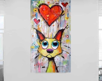 Posseduto dall'amore - Dipinto originale XXL - Piskorz - Divertente quadro con gatto, dipinto di animale stravagante, decorazione colorata per la casa.