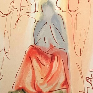 May include: An abstract watercolor painting featuring a central figure with a halo, draped in red fabric. The figure is surrounded by loose, sketchy outlines and washes of color in a warm, earthy palette.