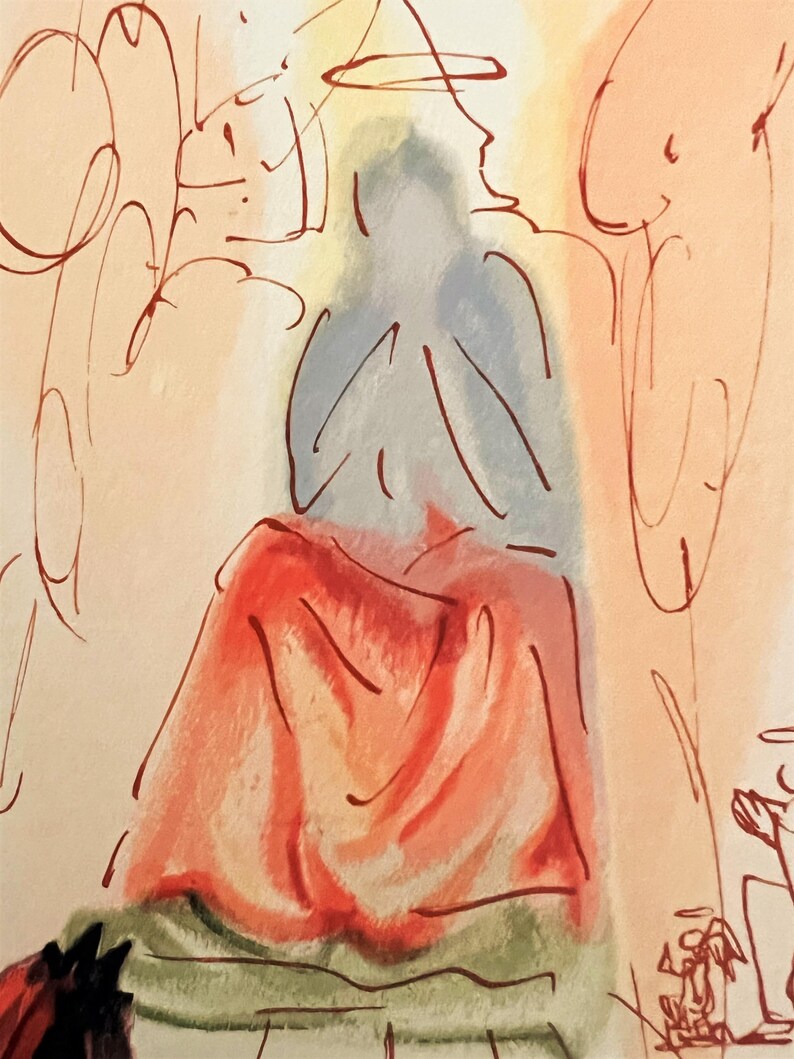 May include: An abstract watercolor painting featuring a central figure with a halo, draped in red fabric. The figure is surrounded by loose, sketchy outlines and washes of color in a warm, earthy palette.