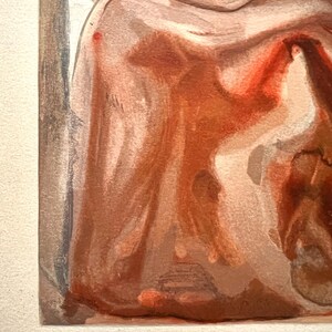 May include: Watercolor painting featuring a figure draped in reddish-brown fabric. The artwork has a soft, textured appearance with visible brushstrokes. The color palette is dominated by warm tones, with hints of lighter shades.