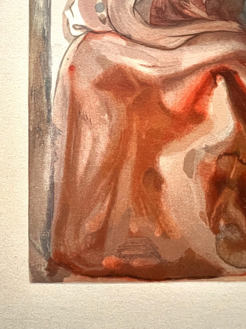 May include: Watercolor painting featuring a figure draped in reddish-brown fabric. The artwork has a soft, textured appearance with visible brushstrokes. The color palette is dominated by warm tones, with hints of lighter shades.