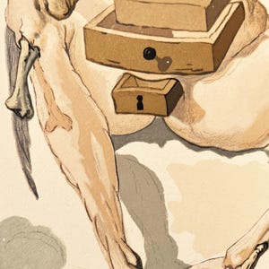 Puede incluir: Ilustraci&oacute;n art&iacute;stica que presenta una figura con tono de piel claro. Varias cajas peque&ntilde;as de madera marr&oacute;n est&aacute;n apiladas unas sobre otras. Las cajas tienen cerraduras y cerraduras negras. La obra de arte tiene un estilo surrealista.