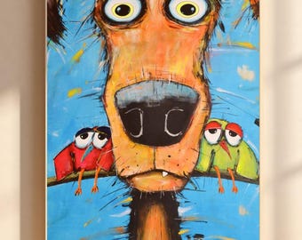 Piotr Piskorz - Amici inaspettati XXL - Divertente quadro da parete con cane, dipinto di animale stravagante, decorazione colorata per la casa.