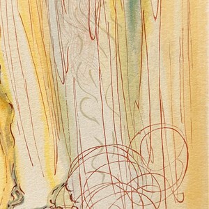 May include: Abstract art print with a yellow, green, and red color scheme. The print features a series of vertical lines and swirling patterns.