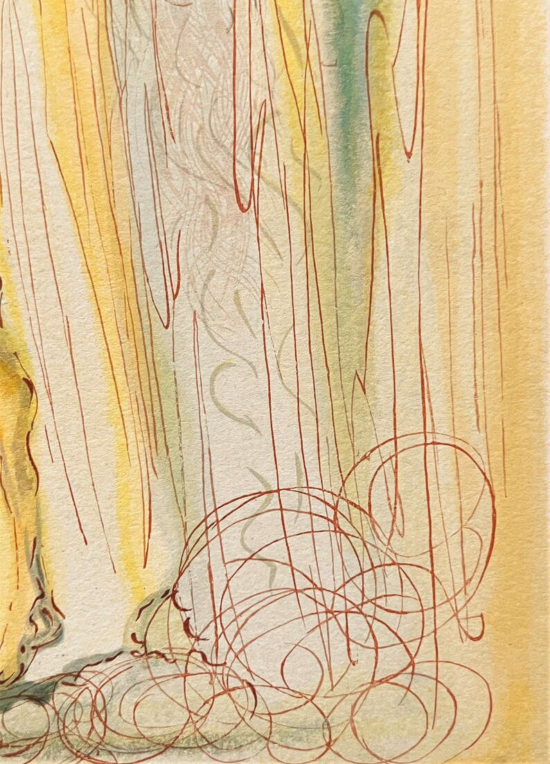 May include: Abstract art print with a yellow, green, and red color scheme. The print features a series of vertical lines and swirling patterns.