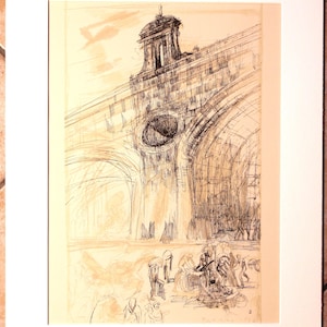 May include: A black and white ink drawing of a bridge with a tower and arches. The drawing is on a cream-colored paper. There are people in the foreground of the drawing.