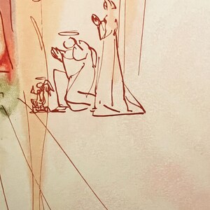 May include: A sketch-style artwork in shades of red and beige depicts figures with halos. One figure kneels, while another stands, both with simple outlines. The style suggests a religious or spiritual theme, possibly depicting angels or saints.