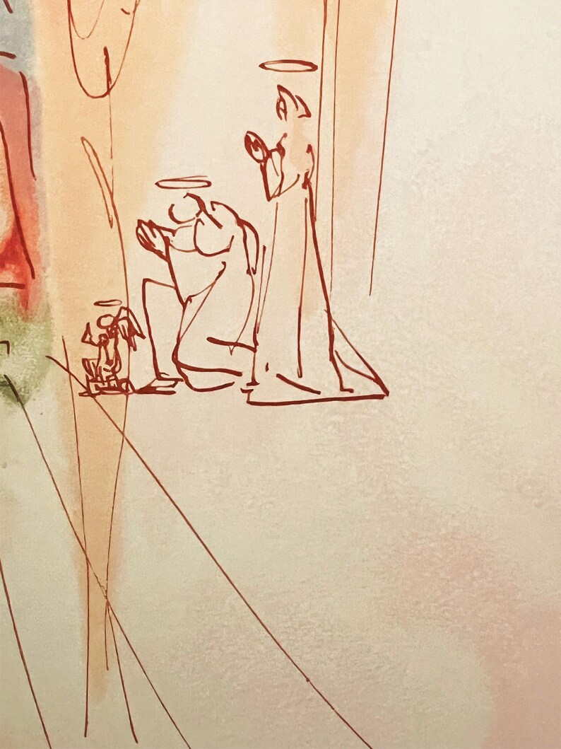 May include: A sketch-style artwork in shades of red and beige depicts figures with halos. One figure kneels, while another stands, both with simple outlines. The style suggests a religious or spiritual theme, possibly depicting angels or saints.